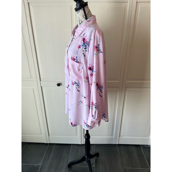Roaman's Plus Size Light Pink Floral lightweight button up long sleeve blouse - Picture 9 of 9